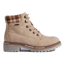Scarponcini da trekking da donna Shelovet beige realizzati in pelle ecologica marrone
