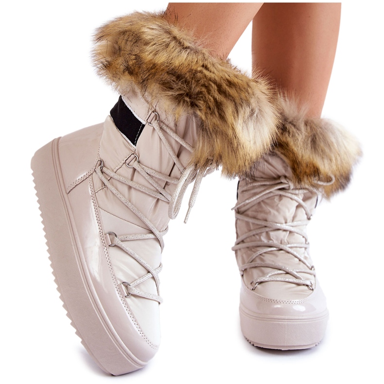 Stivali da neve con lacci Shannon beige da donna con pelliccia