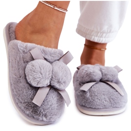 BM Pantofole da donna in pelliccia Castello grigia con pompon grigio