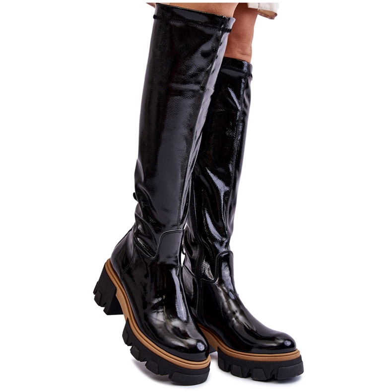 PL5 Stivali sopra il ginocchio da donna laccati alla moda Black Venise nero