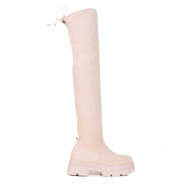 Stivali alti alla coscia da donna Shelovet su una piattaforma beige chiaro