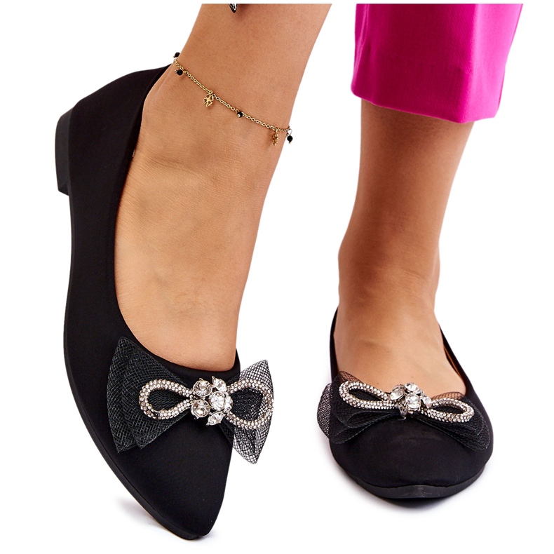PS1 Ballerine A Punta Da Donna Con Fiocco Decorativo Nero Luminoso