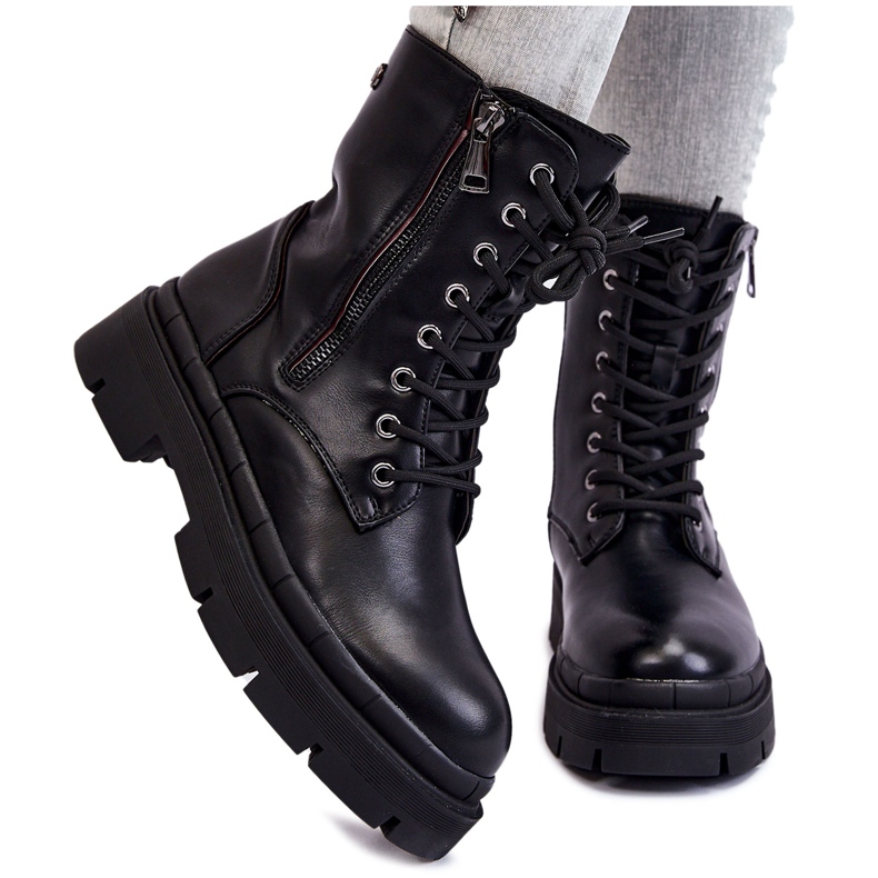 PG1 Stivali Trapper stringati in pelle da donna neri Shanna nero