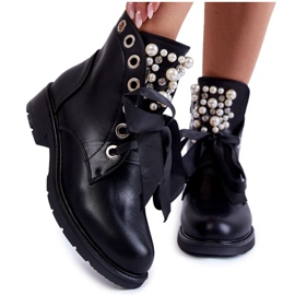 PA1 Stivali da donna con perle Warm Skoll Ribbon nero