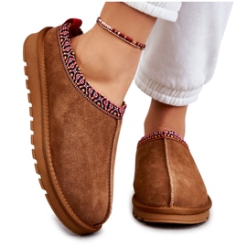 Pantofole Da Donna In Pelle Scamosciata Con Buffie Di Pelliccia Di Cammello marrone