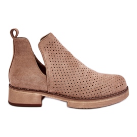 PS1 Angie Suede Traforato Stivali Con Tacco Piatto Beige Scuro