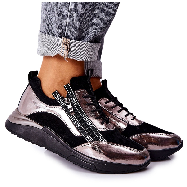POTOCKI Sneakers sportive in pelle metallizzata nere e argento nero