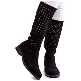 S.Barski Stivali sopra il ginocchio traforati in pelle scamosciata da donna Black Savannah nero