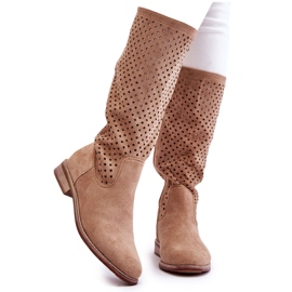 S.Barski Stivali Sopra Il Ginocchio Traforati In Pelle Scamosciata Da Donna Beige Savannah