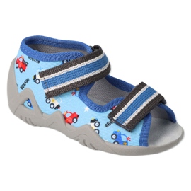 Ciabatte per bambini Befado con inserto in pelle 350P036 blu con macchinine