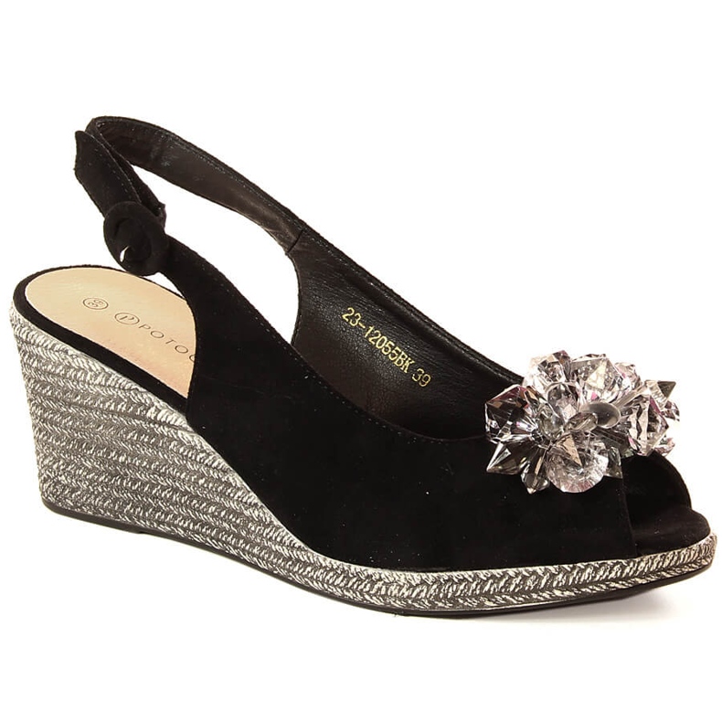 Sandali da donna con zeppa in camoscio con cristalli neri Potocki SZ12055 nero