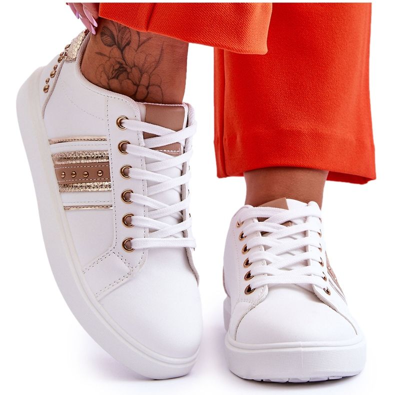 Sneakers Donna In Pelle Con Borchie Bianche E Oro Dory bianca