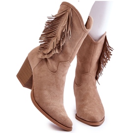 S.Barski Stivali Cowboy Bassi Da Donna In Camoscio Con Frange, Beige