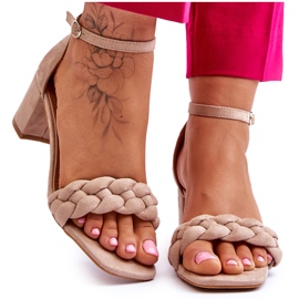 FB2 Sandali con tacco alto in camoscio con trecce azela beige decorative marrone