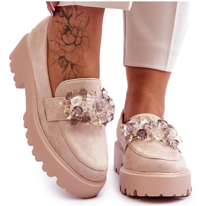 FB2 Mocassini Con Plateau Da Donna Con Ornamenti Beige Brenda