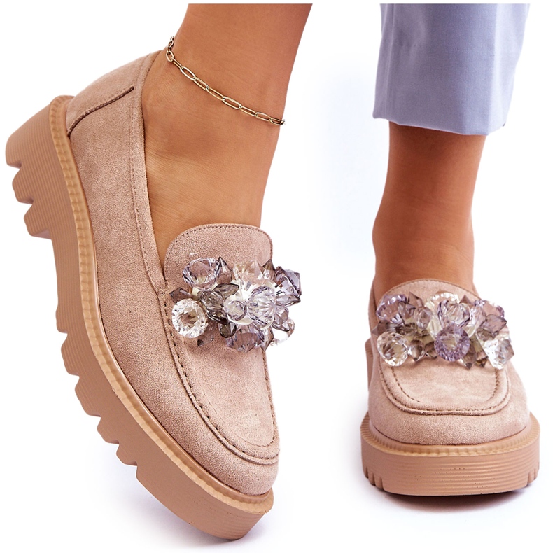 Vinceza Mocassino alla moda in camoscio con cristalli beige Demeris