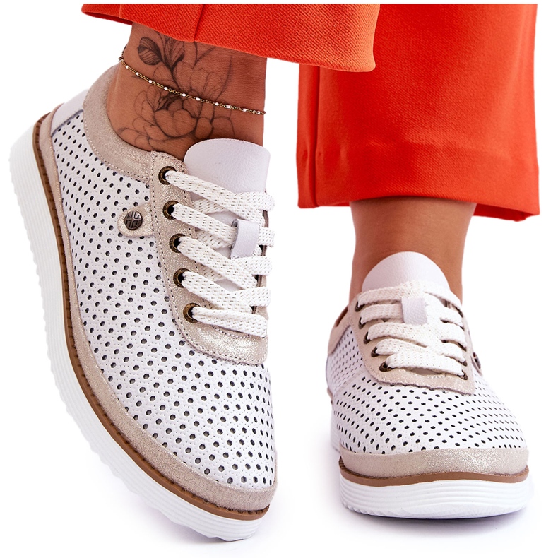 S.Barski Scarpe sportive traforate in pelle alla moda Cantare bianco e oro bianca