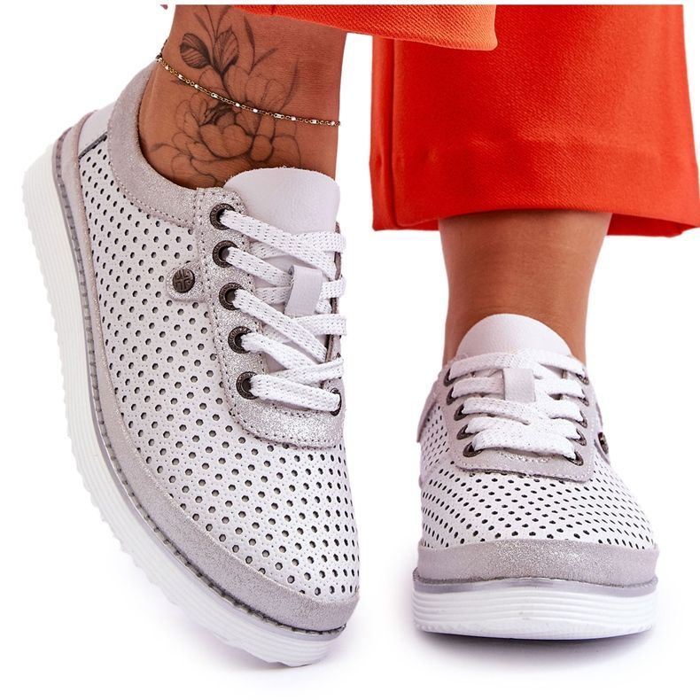 S.Barski Scarpe Sportive Traforate in Pelle alla Moda Bianco e Argento Cantare bianca
