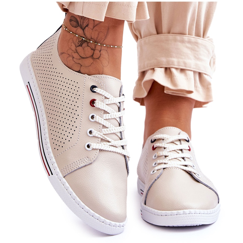 S.Barski Sneakers Donna In Pelle Traforata Beige Ferone