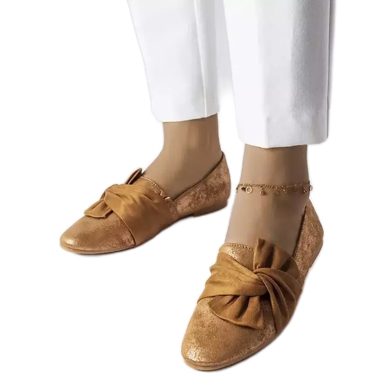 Ballerine marroni metallizzate con fiocco di Dodier d'oro