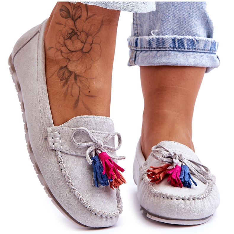 Mocassino In Camoscio Con Fiocco E Frange Grigio Dorine