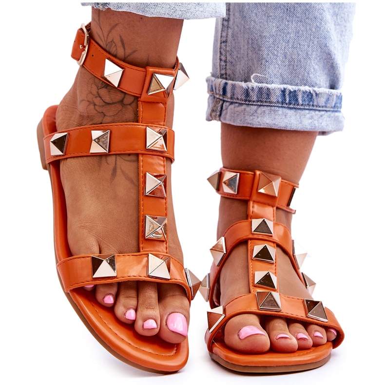 Sandali Donna In Pelle Con Borchie Grandi Arancio Mishigan arancia