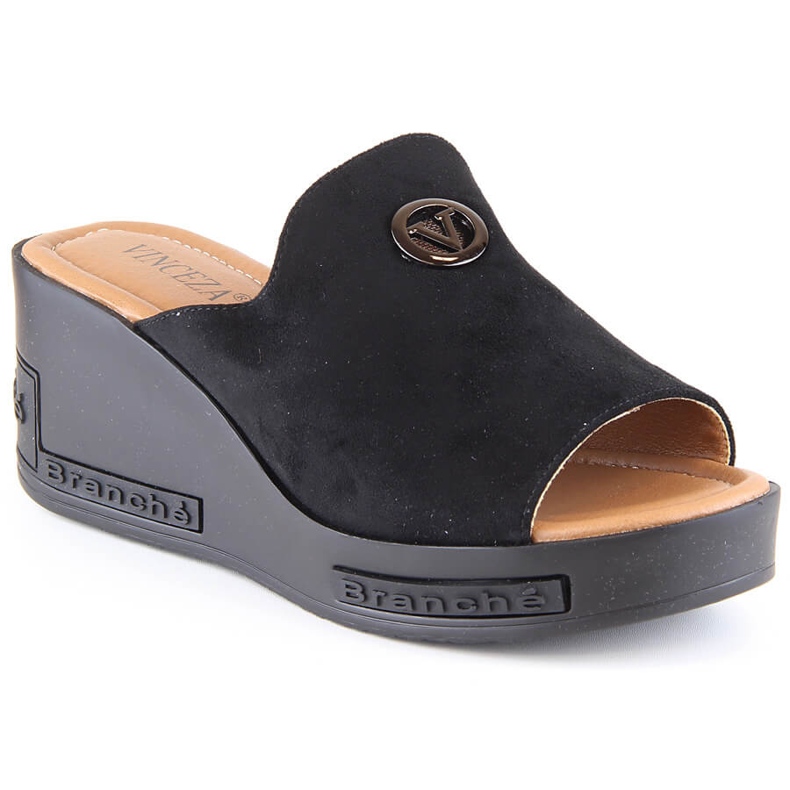 Ciabatte donna con zeppa in camoscio nero Vinceza 10907