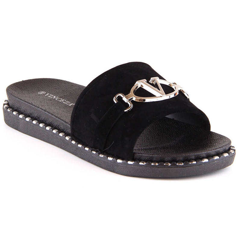 Pantofole da donna in camoscio con decoro nero Vinceza 30183