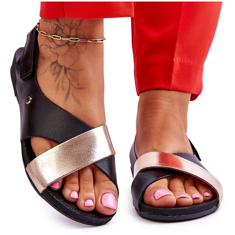 Lemar Sandali In Pelle Con Addison Nero E Oro