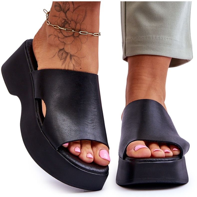 Lemar Pantofole Platform in pelle da donna nere Lucami nero