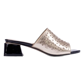 Pantofole traforate da donna dorate con tacco basso Shelvt d'oro