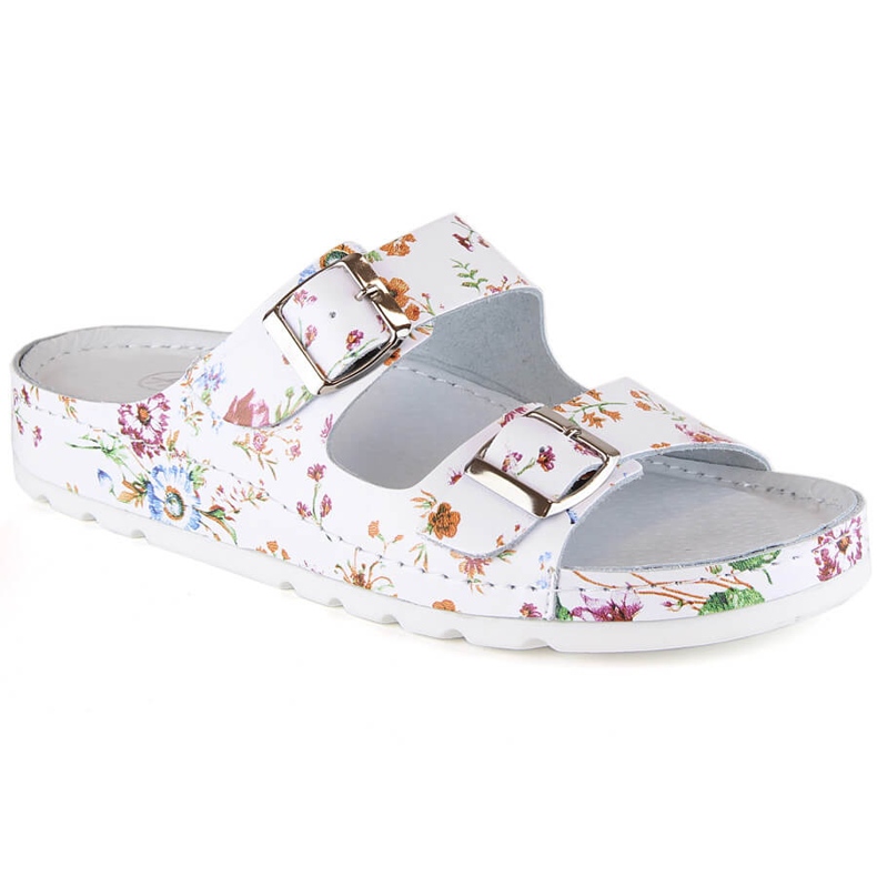Comode infradito da donna in pelle con fiori Helios 288 bianca