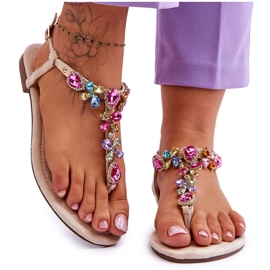 Infradito In Pelle Scamosciata Con Pietre Beige Frency