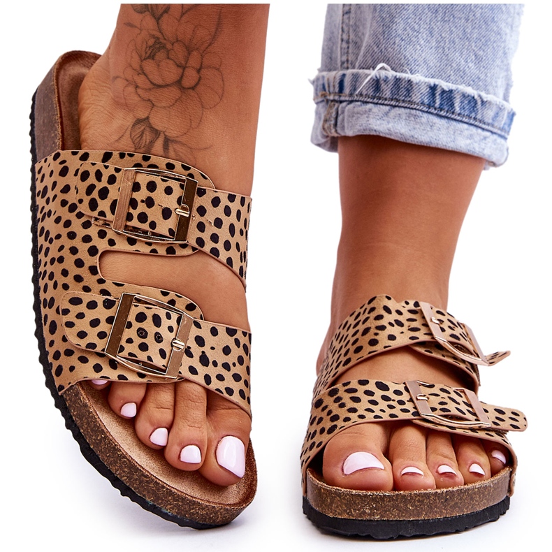 FB1 Pantofole slip-on leopardate beige e nere da donna Destino
