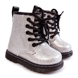FR1 Stivali Per Bambini Caldi Con Cerniera Laccata Argento Goopy d'argento