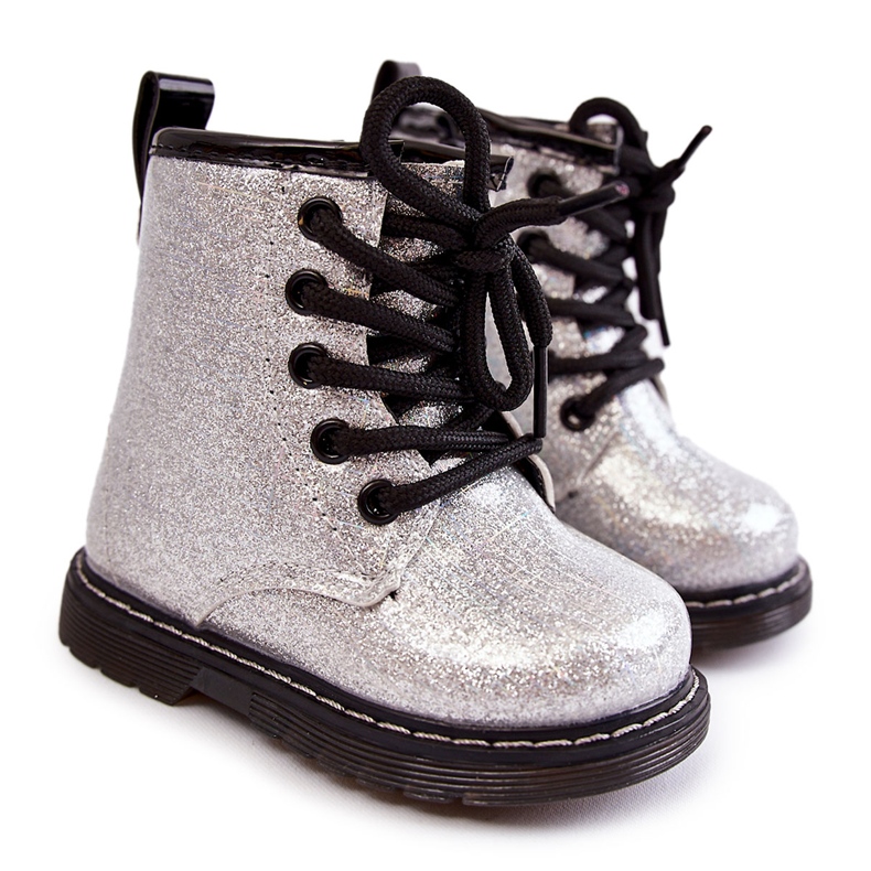 FR1 Stivali Per Bambini Caldi Con Cerniera Laccata Argento Goopy d'argento