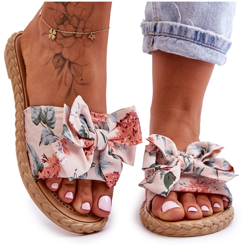 Pantofole Da Donna Con Fiocco In Tessuto Fiore Beige