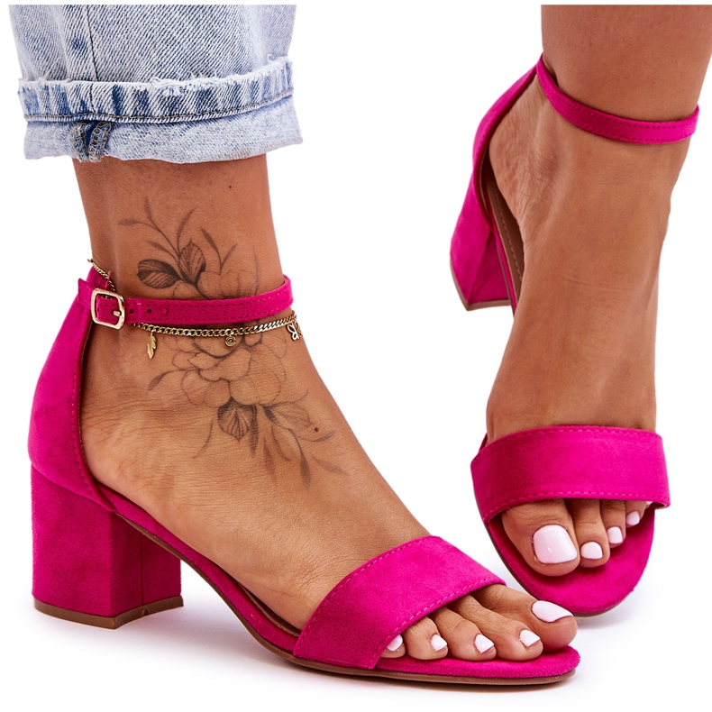 Sandali classici con tacco basso in pelle scamosciata luna di miele fucsia rosa