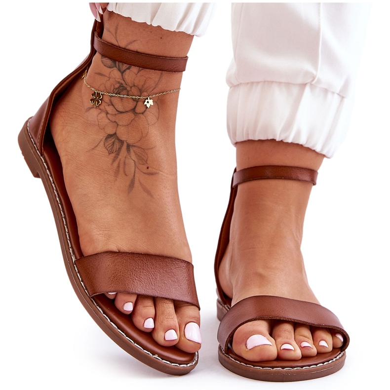 Millou Sandali con cerniera piatta in pelle marrone