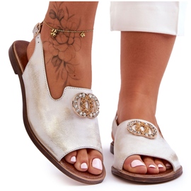 Sandali Bassi In Pelle Con Decorazione Nicole 2744/004 Bianco-Oro bianca