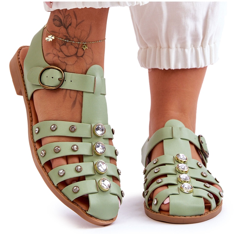 Sandalo Piatto Donna Con Zirconi Verde Ascot