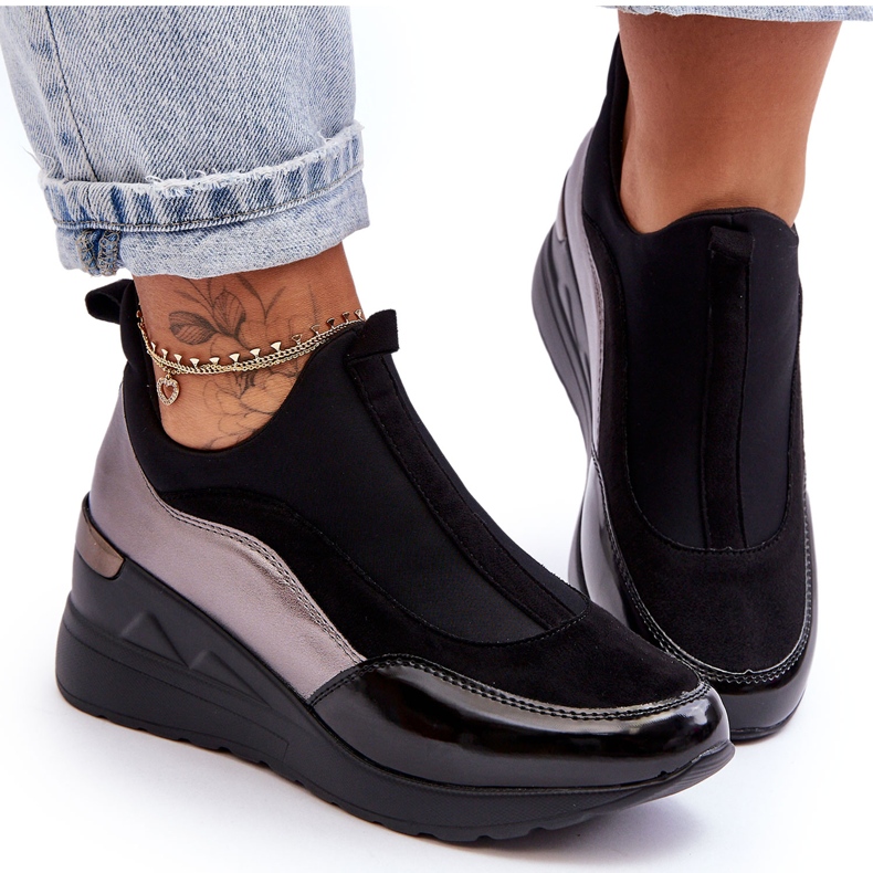 PE1 Sneakers Slip-On Con Zeppa Da Donna Nere E Argento Farro nero