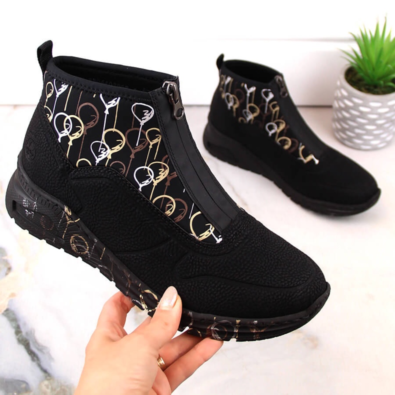 Stivaletti da donna sneakers sportive con cerniera nera Rieker M4953-00 nero