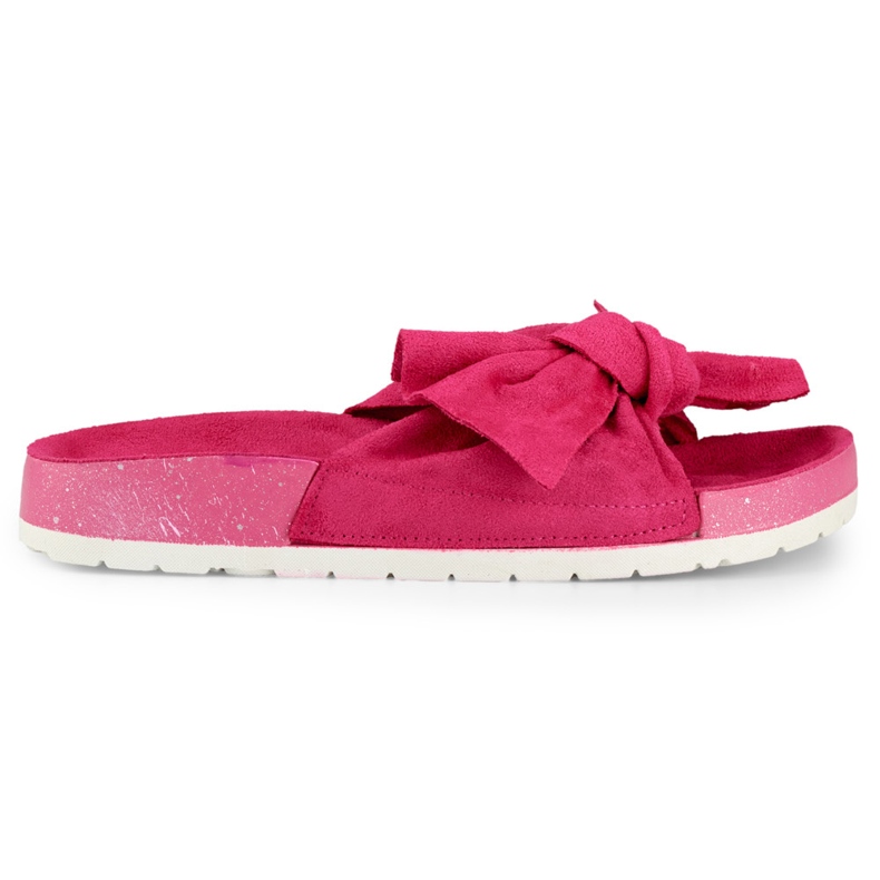 Pantofole da donna in camoscio fucsia con fiocco rosa