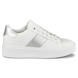 Sneakers bianche da donna sulla piattaforma con un'aggiunta d'argento bianco