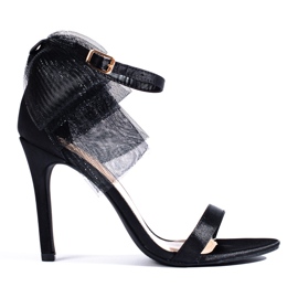 Sandalo nero con fiocco in tulle su tacco a spillo Shelovet