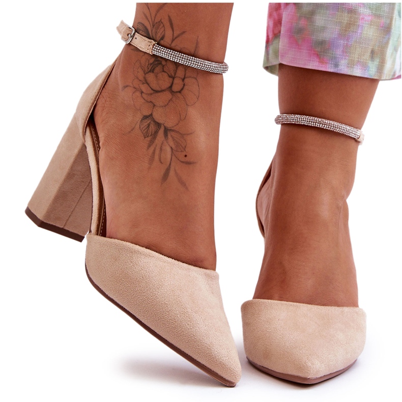 Décolleté In Camoscio Con Zirconi Beige Diamante