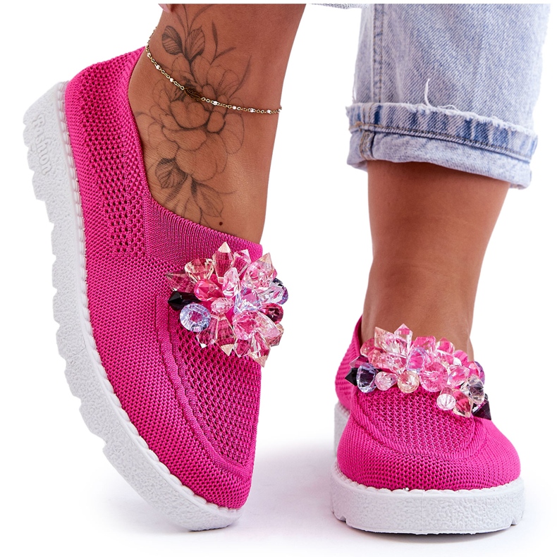 PM1 Sneakers Slip-On Da Donna Con Pietre Fucsia Semplice rosa