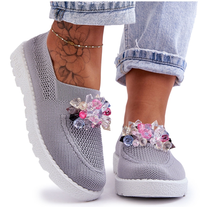 PM1 Sneakers Slip-On Da Donna Con Pietre Grigio Semplice