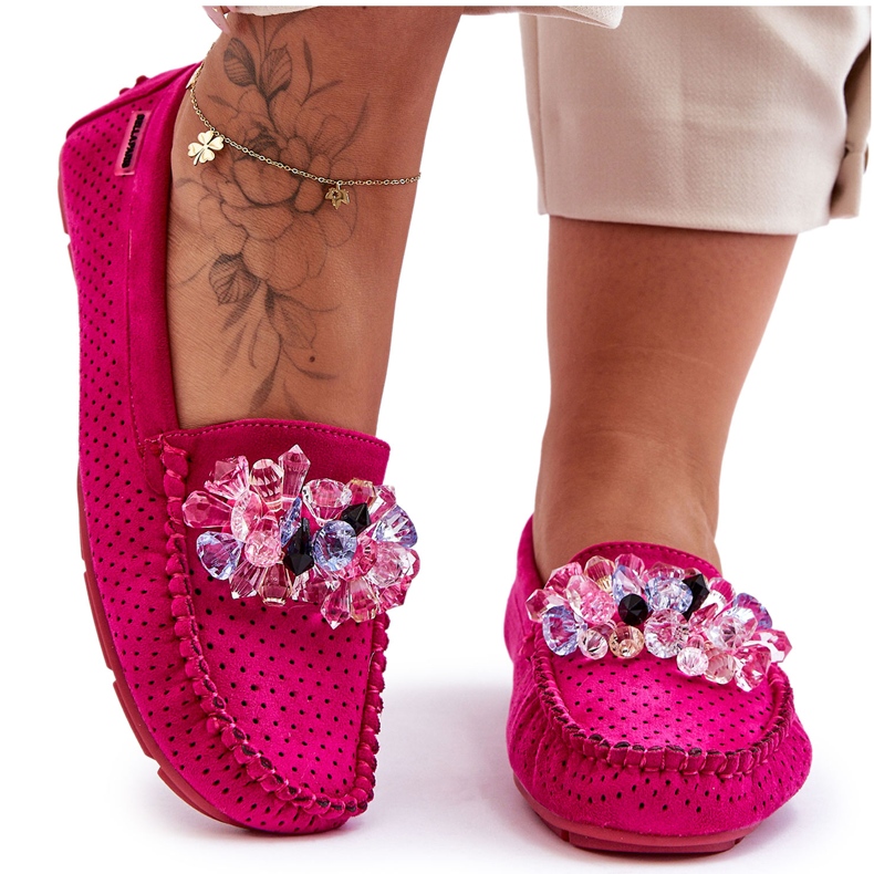 PM1 Mocassino alla moda in camoscio con decorazioni fucsia delima rosa
